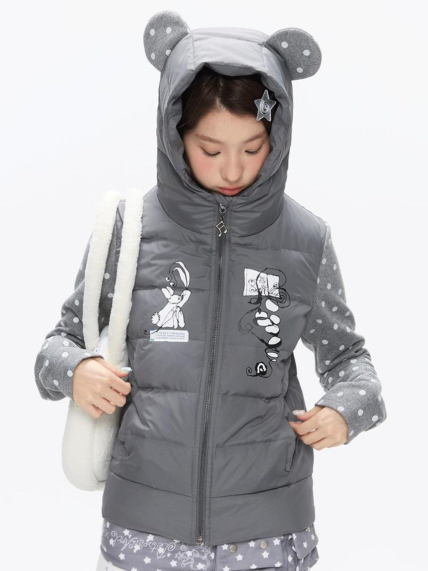 BETWEENAND Bear Ear Hooded Cute Bear Print 90 White Duck Women&
