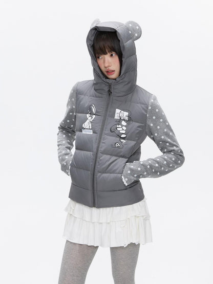 BETWEENAND Bear Ear Hooded Cute Bear Print 90 White Duck Women&