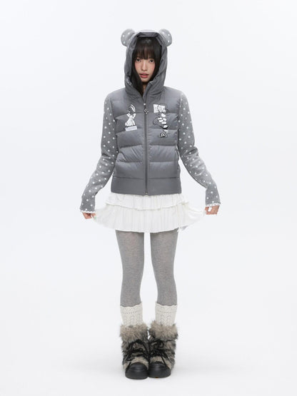 BETWEENAND Bear Ear Hooded Cute Bear Print 90 White Duck Women&