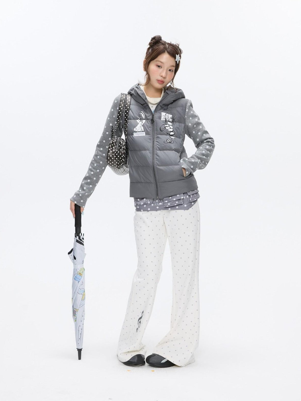 BETWEENAND Bear Ear Hooded Cute Bear Print 90 White Duck Women&