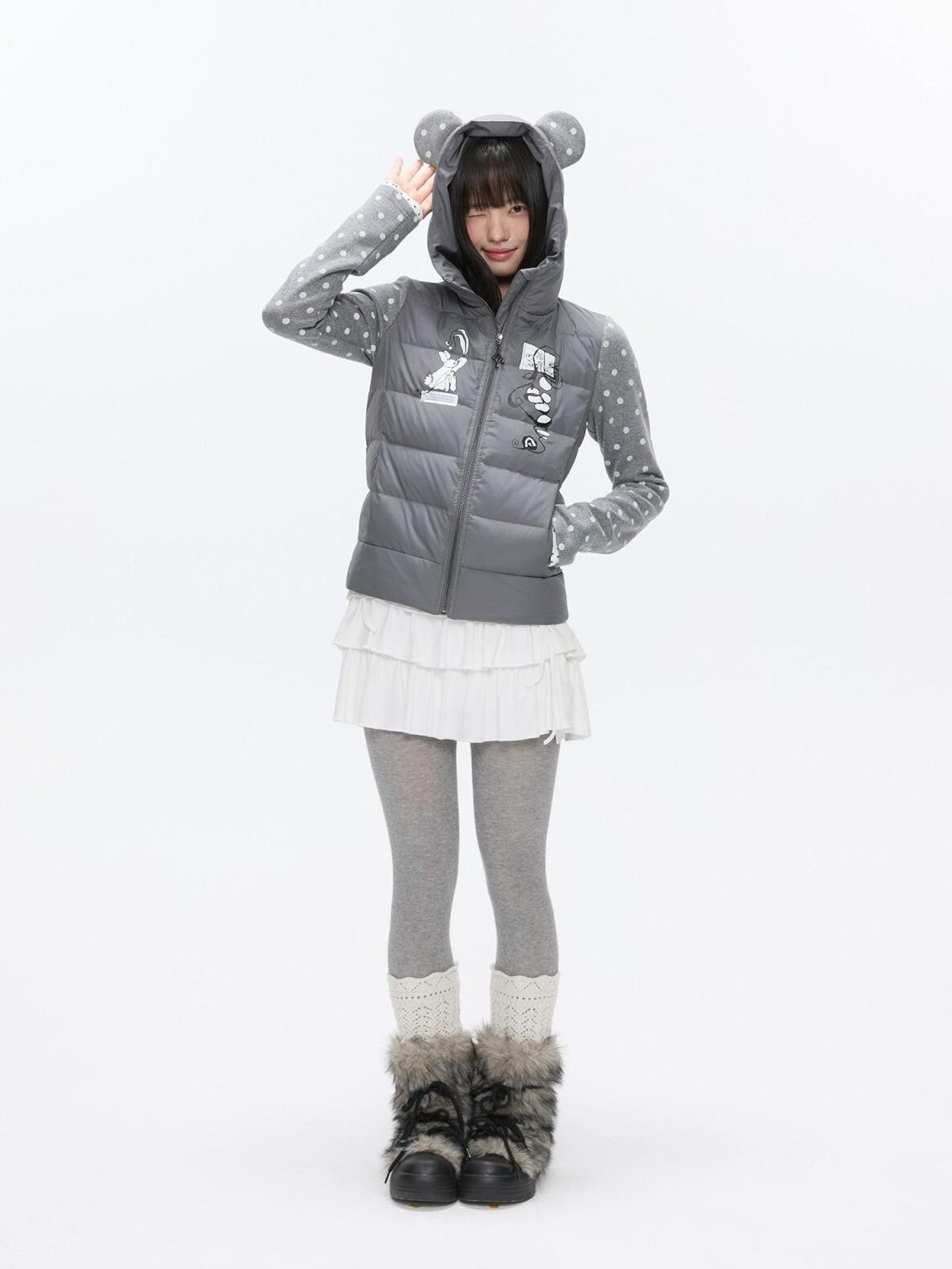 BETWEENAND Bear Ear Hooded Cute Bear Print 90 White Duck Women&