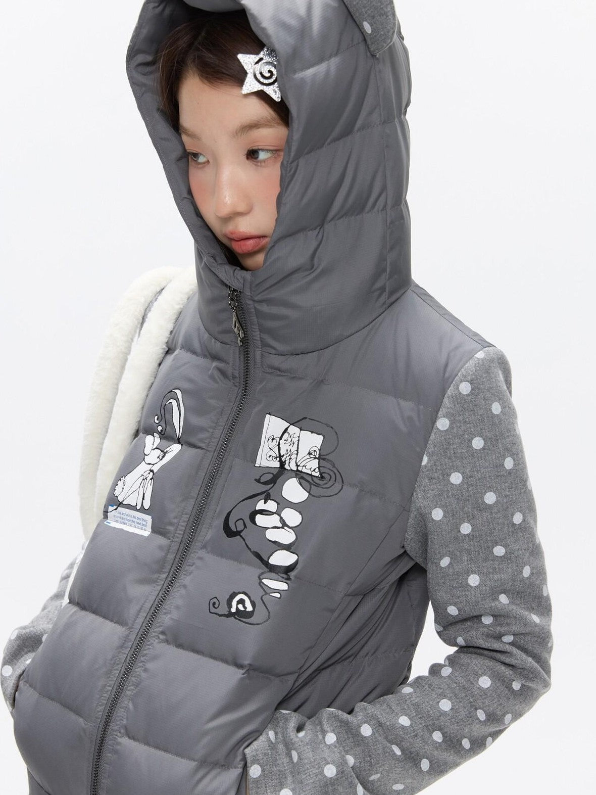BETWEENAND Bear Ear Hooded Cute Bear Print 90 White Duck Women&
