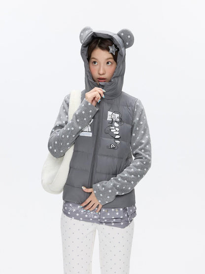 BETWEENAND Bear Ear Hooded Cute Bear Print 90 White Duck Women&