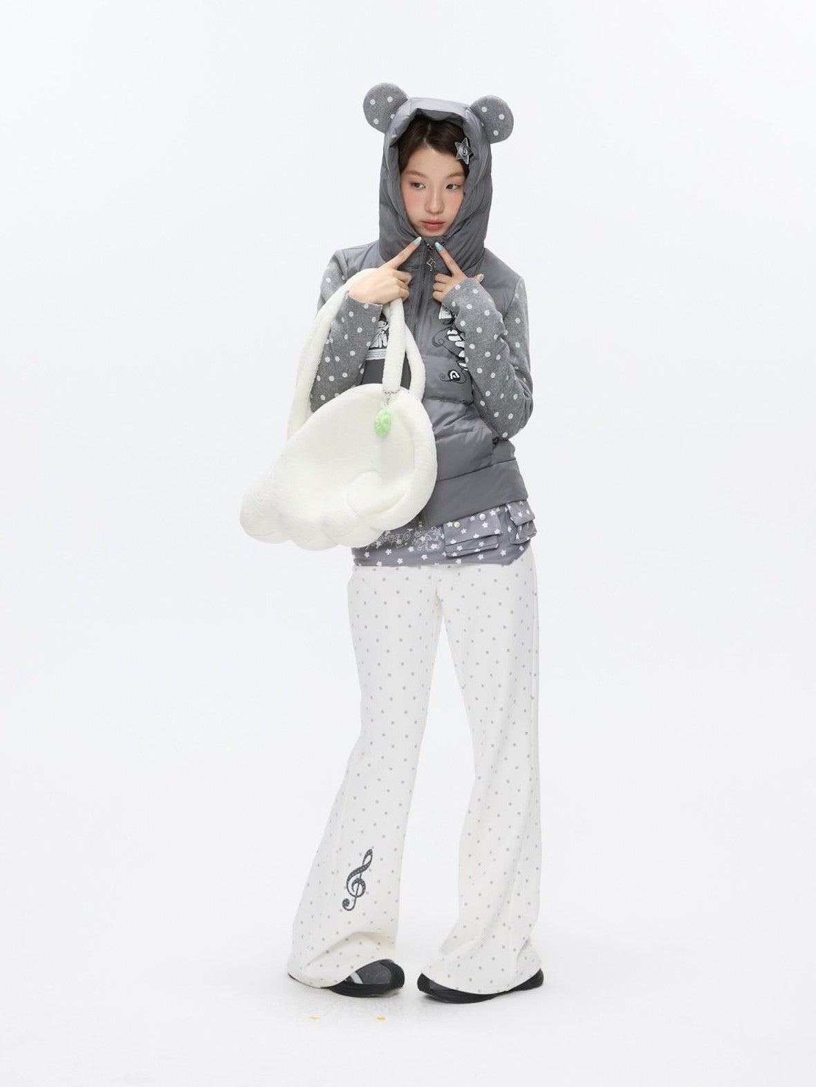 BETWEENAND Bear Ear Hooded Cute Bear Print 90 White Duck Women&