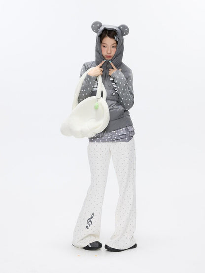 BETWEENAND Bear Ear Hooded Cute Bear Print 90 White Duck Women&