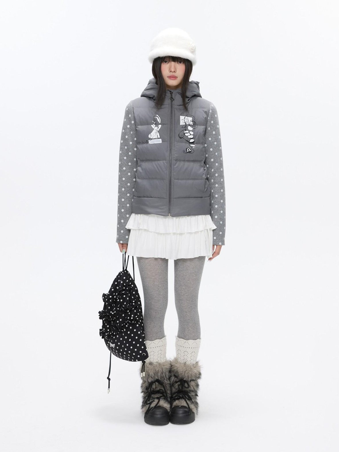 BETWEENAND Bear Ear Hooded Cute Bear Print 90 White Duck Women&
