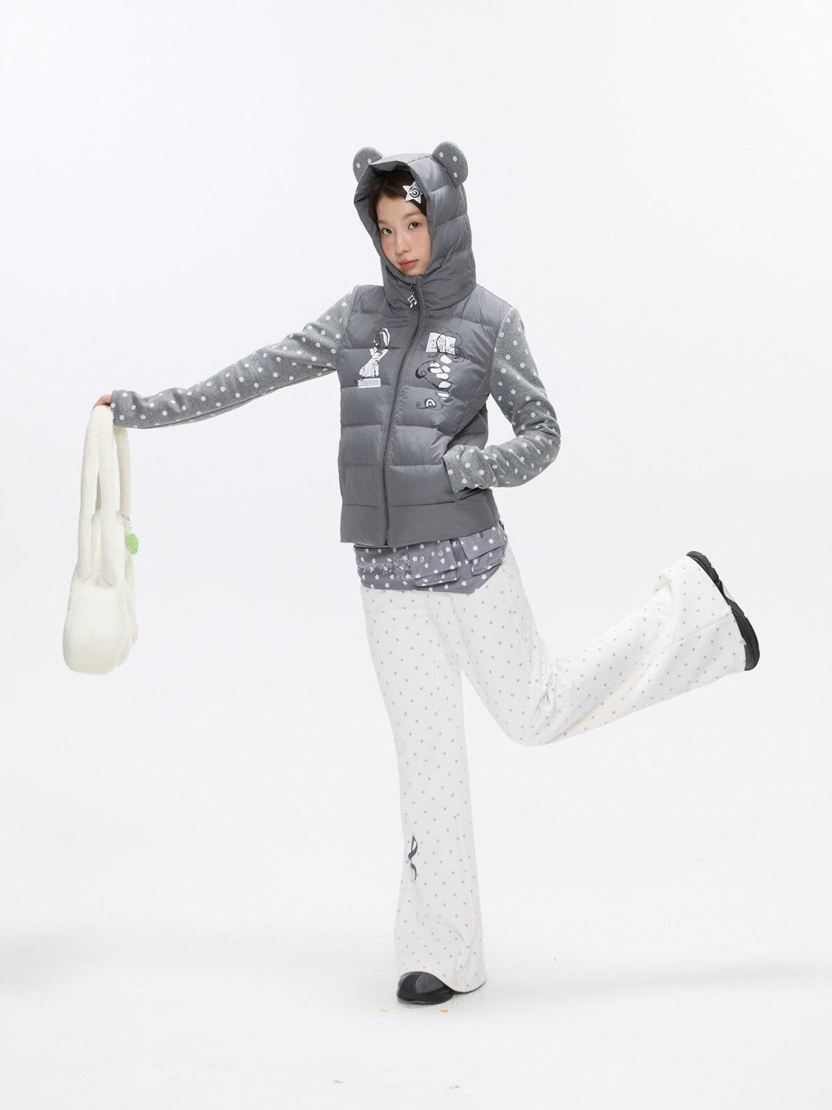BETWEENAND Bear Ear Hooded Cute Bear Print 90 White Duck Women&