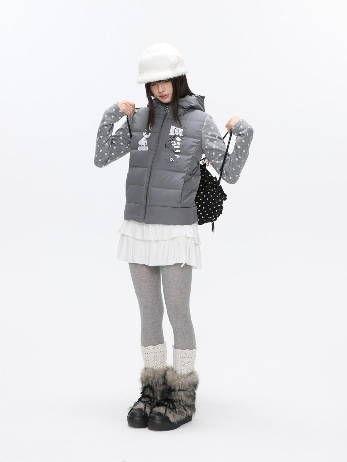 BETWEENAND Bear Ear Hooded Cute Bear Print 90 White Duck Women&