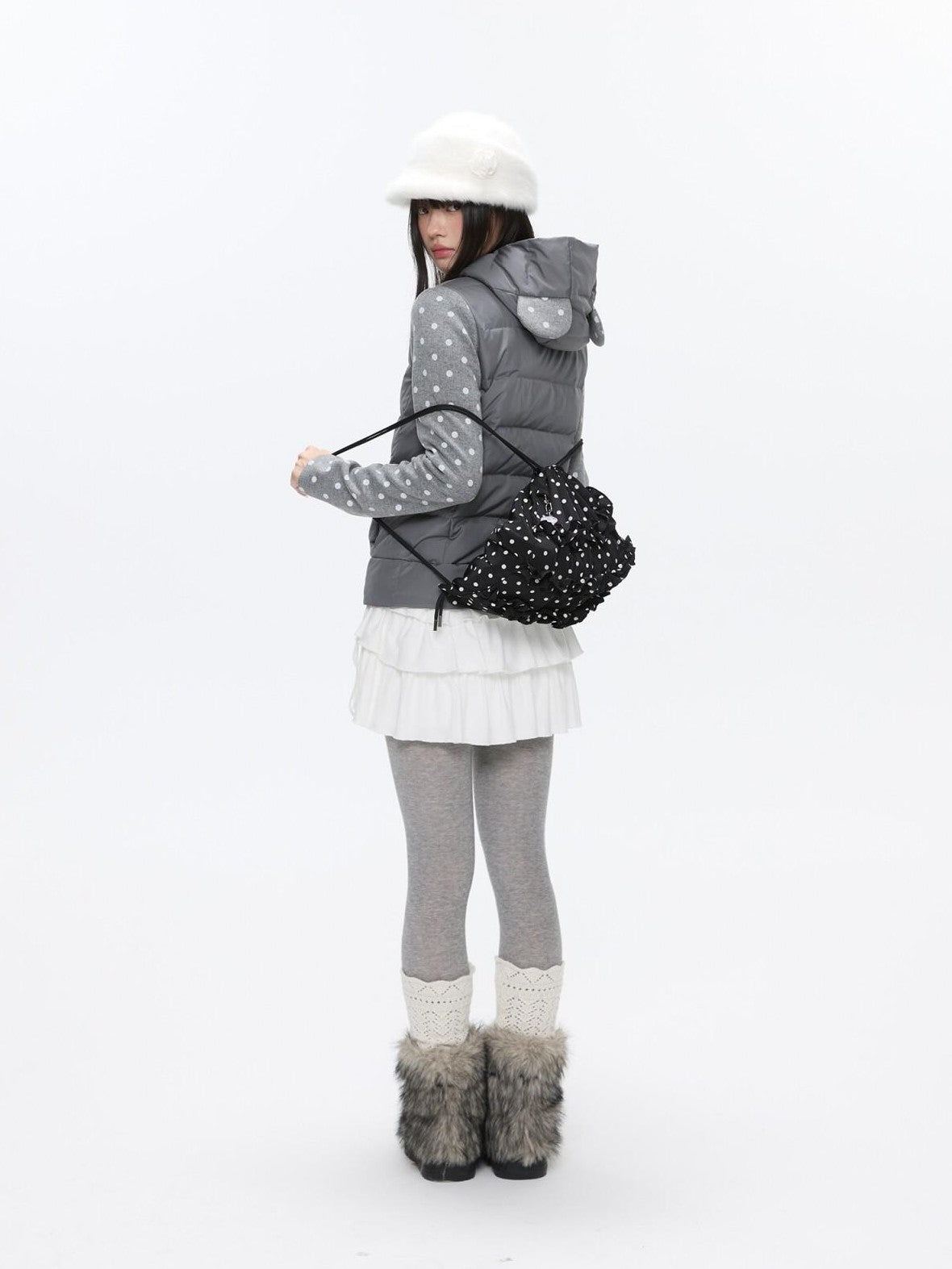 BETWEENAND Bear Ear Hooded Cute Bear Print 90 White Duck Women&