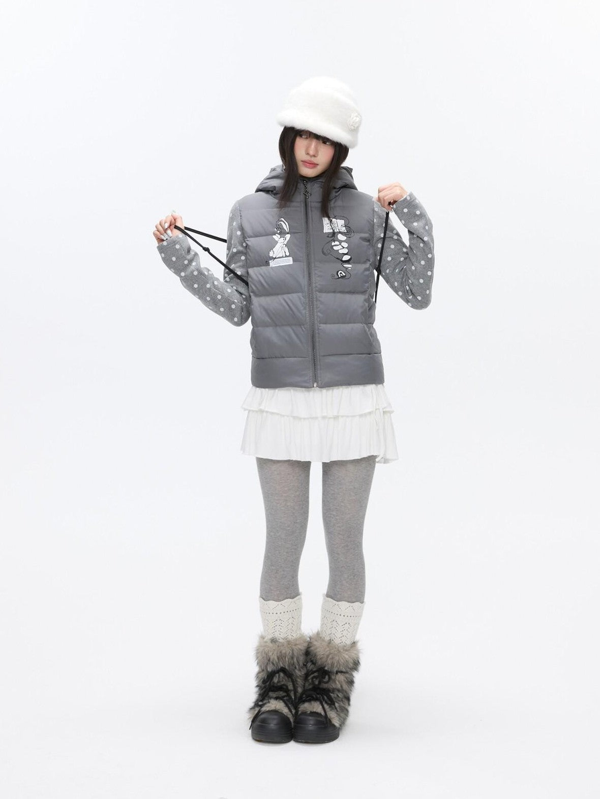 BETWEENAND Bear Ear Hooded Cute Bear Print 90 White Duck Women&