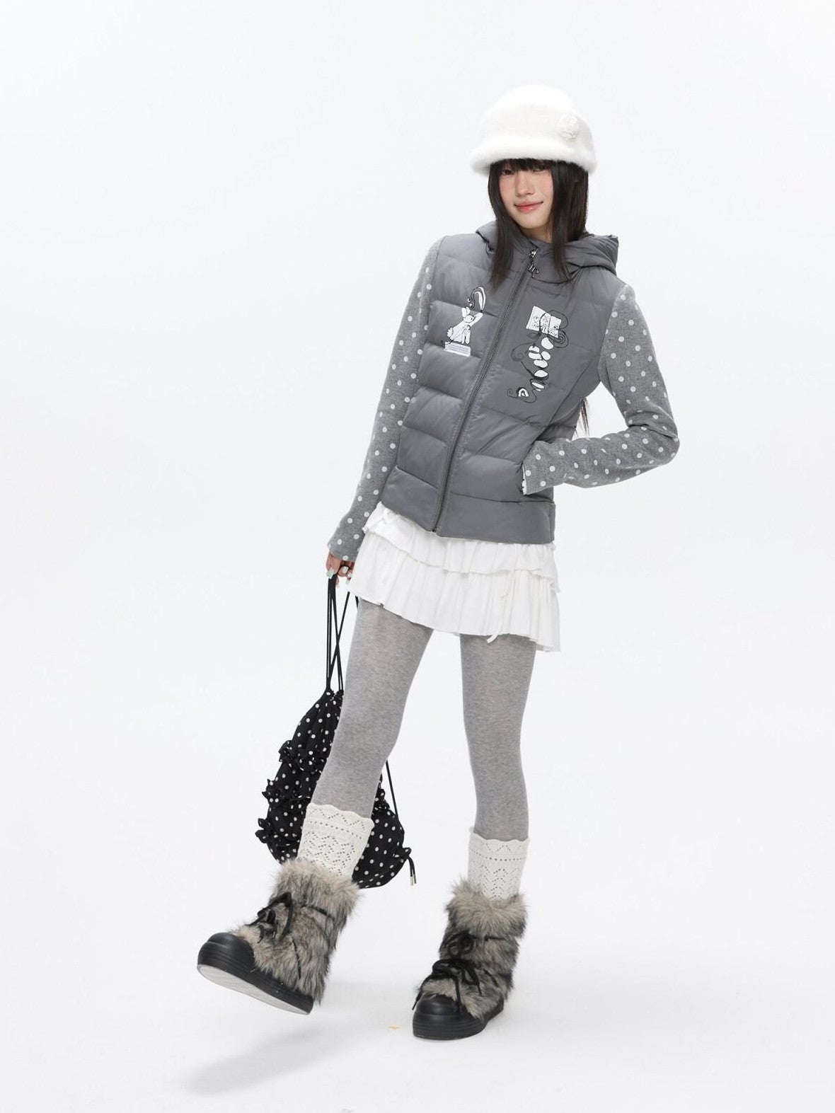 BETWEENAND Bear Ear Hooded Cute Bear Print 90 White Duck Women&