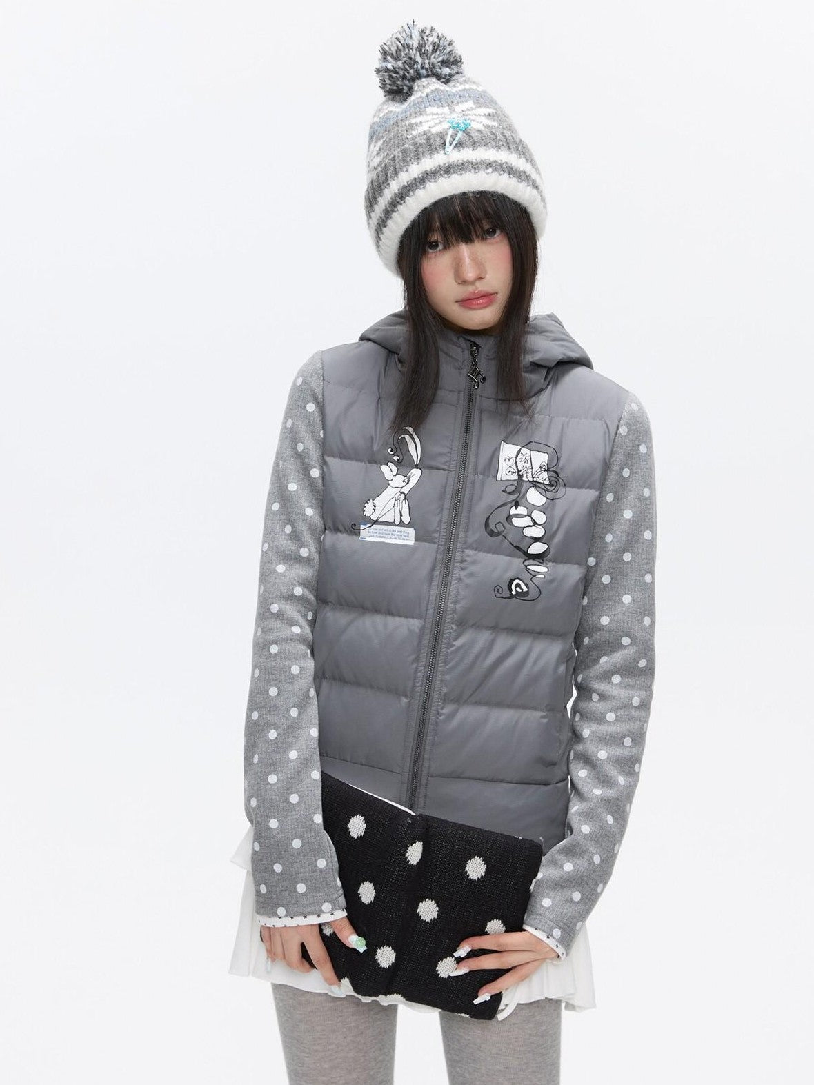 BETWEENAND Bear Ear Hooded Cute Bear Print 90 White Duck Women&