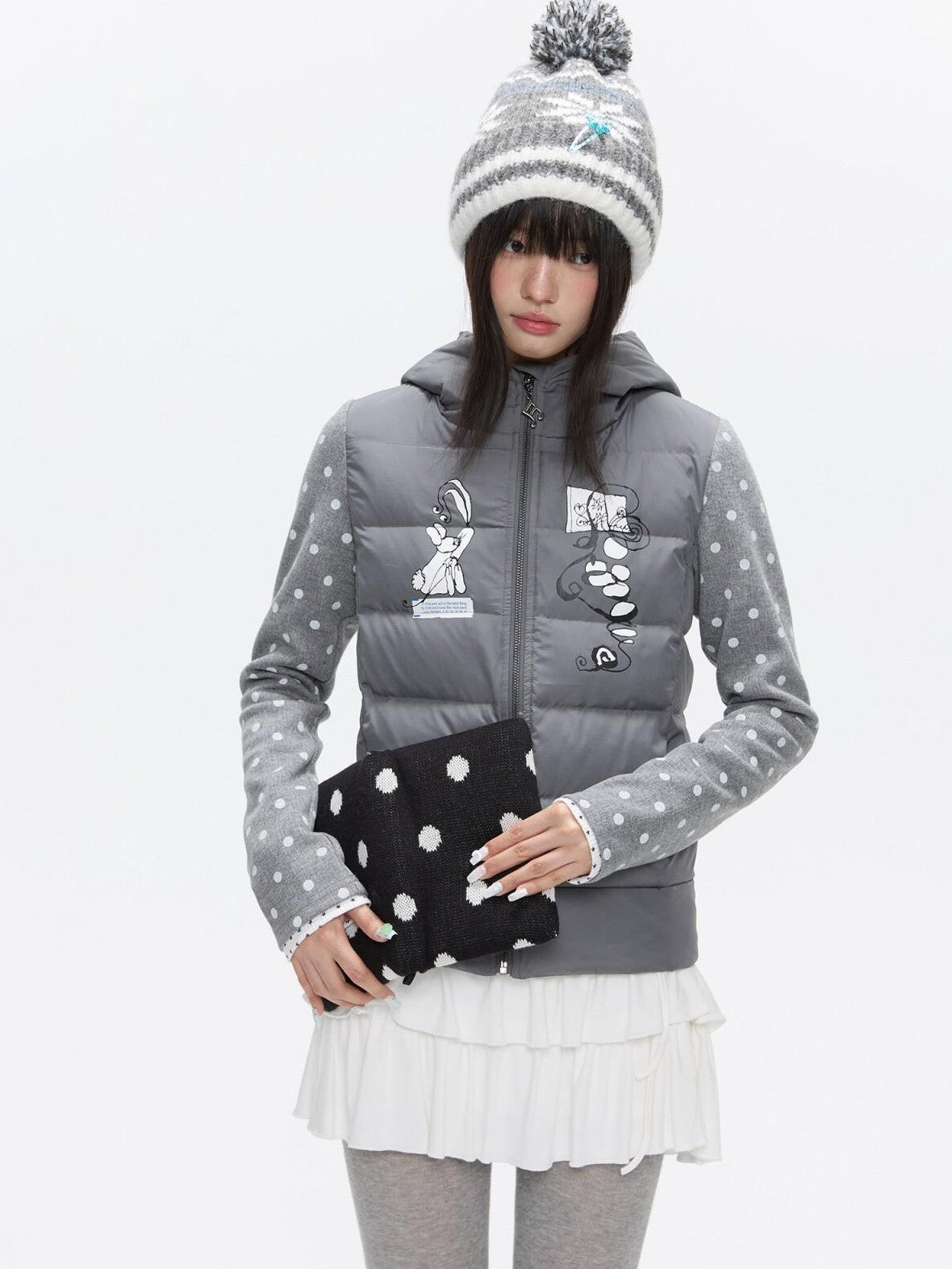 BETWEENAND Bear Ear Hooded Cute Bear Print 90 White Duck Women&