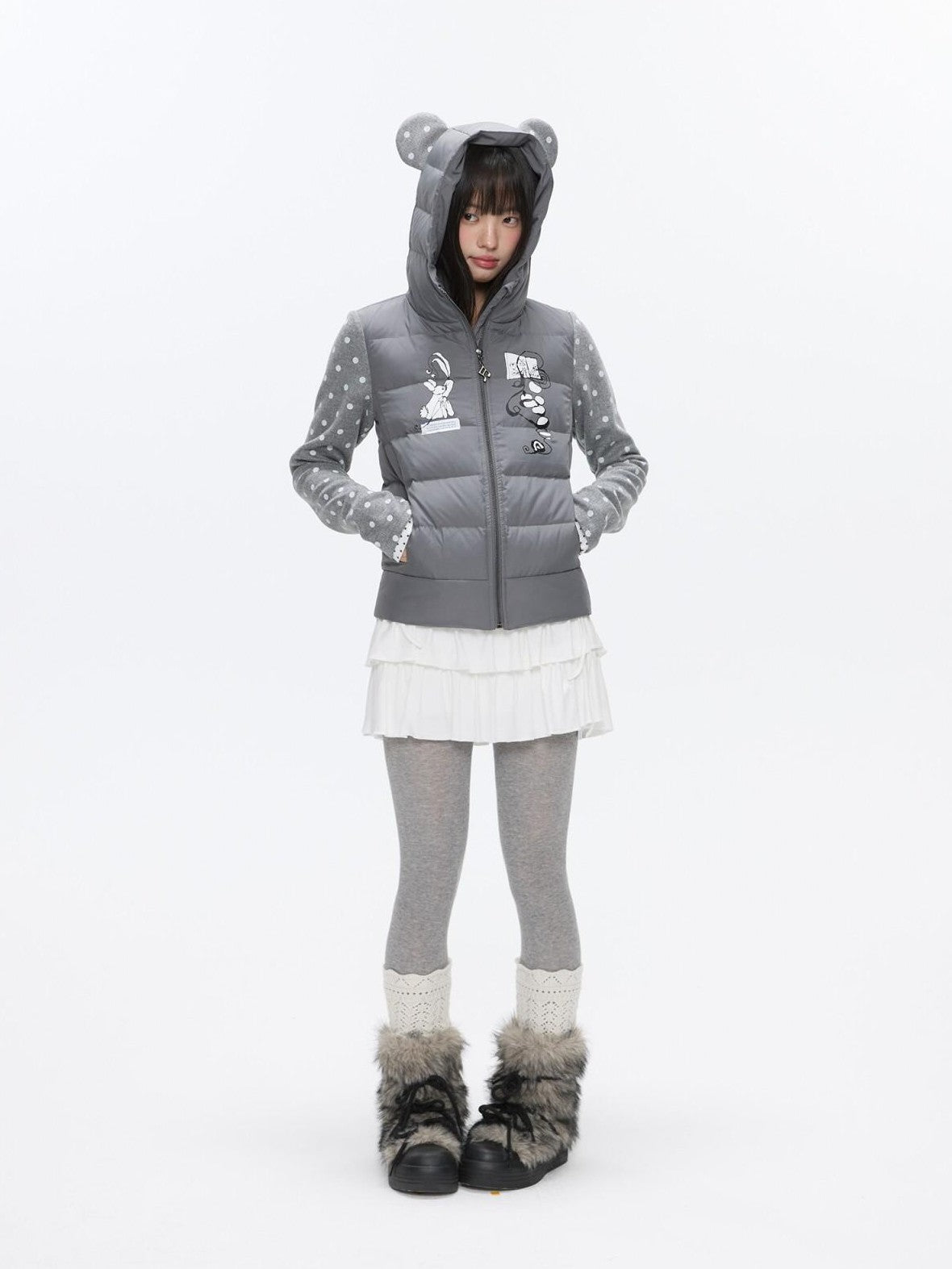 BETWEENAND Bear Ear Hooded Cute Bear Print 90 White Duck Women&