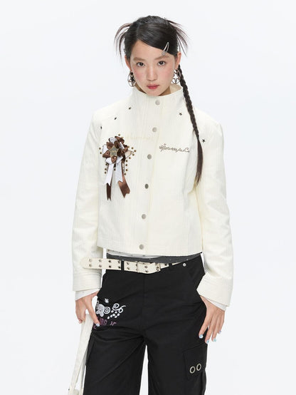 BETWEENAND Beige Badge Patch Embroidery Quilted Corduroy Women&