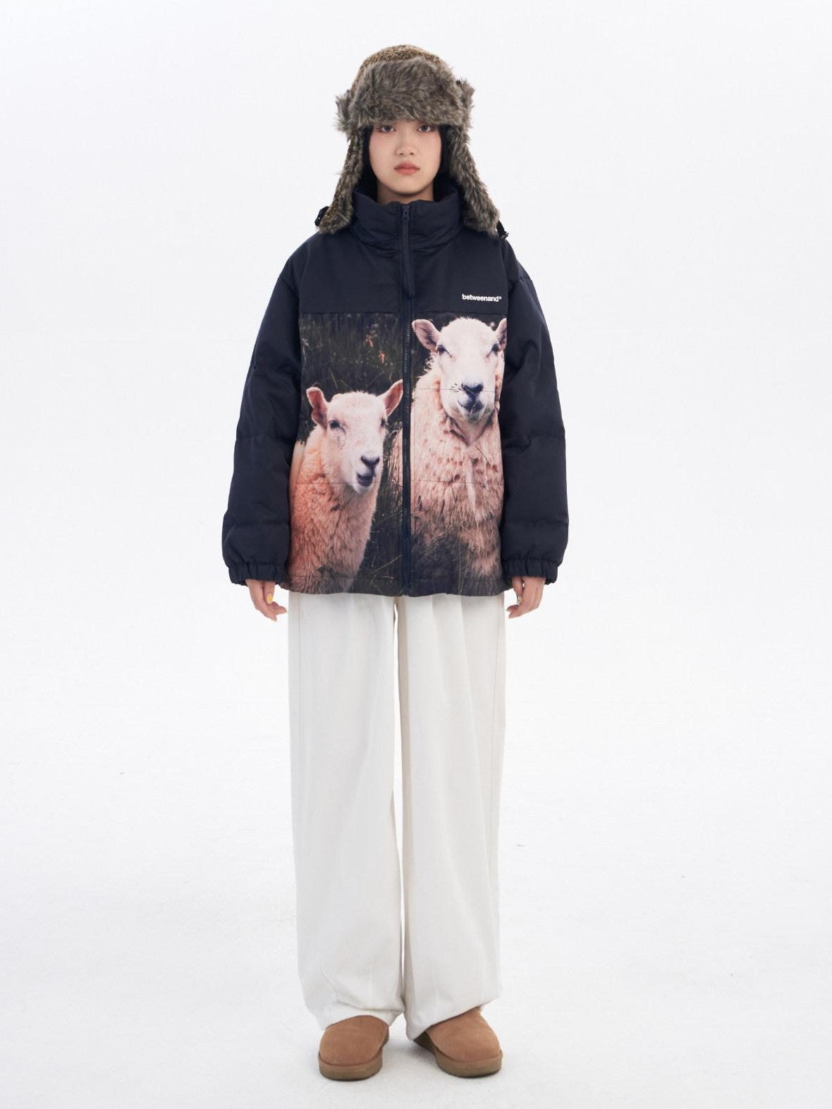 BETWEENAND Black Beige Animal Print Colorblock Women&