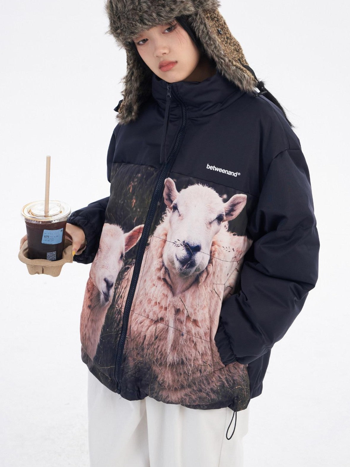 BETWEENAND Black Beige Animal Print Colorblock Women&