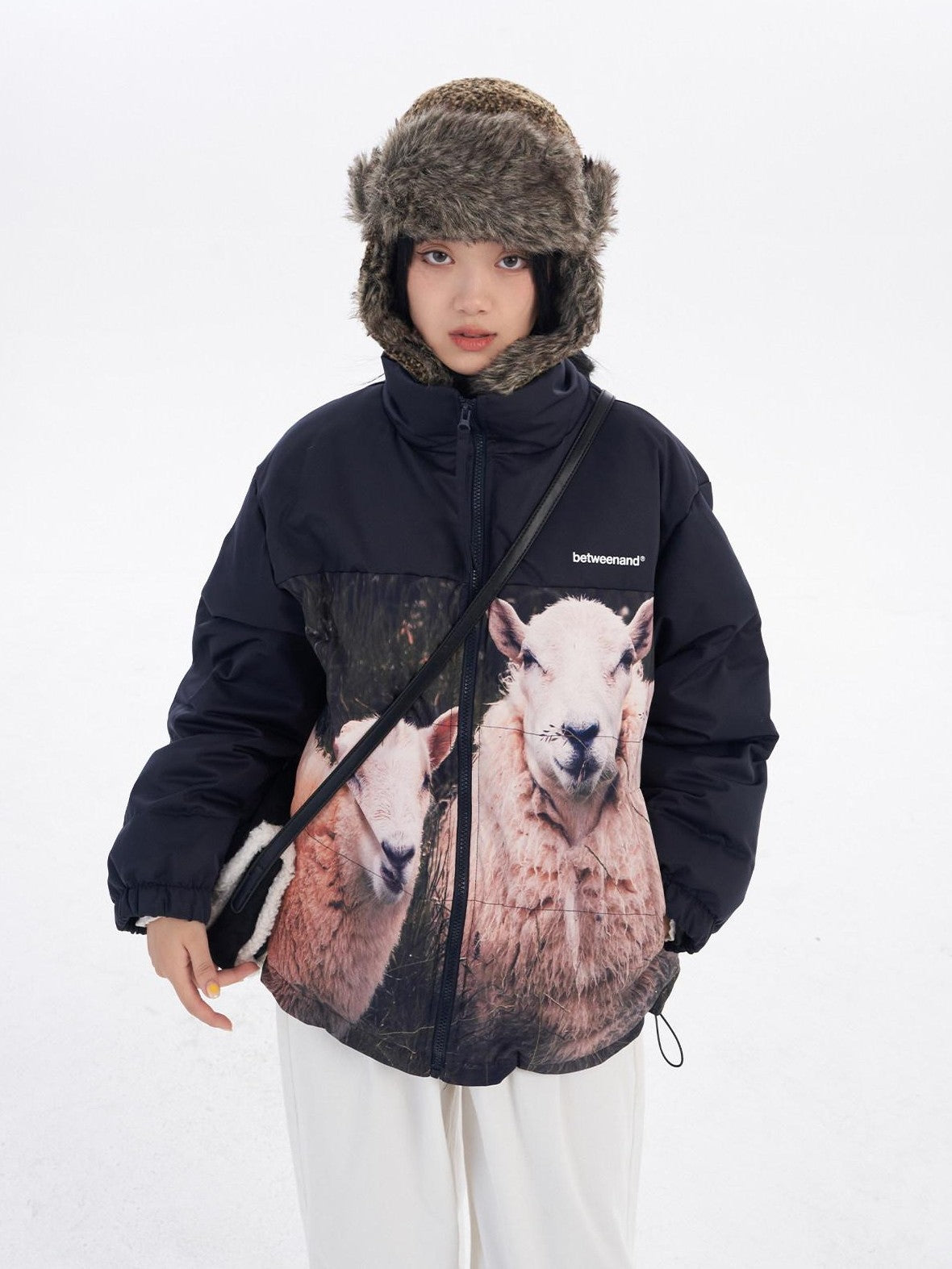 BETWEENAND Black Beige Animal Print Colorblock Women&