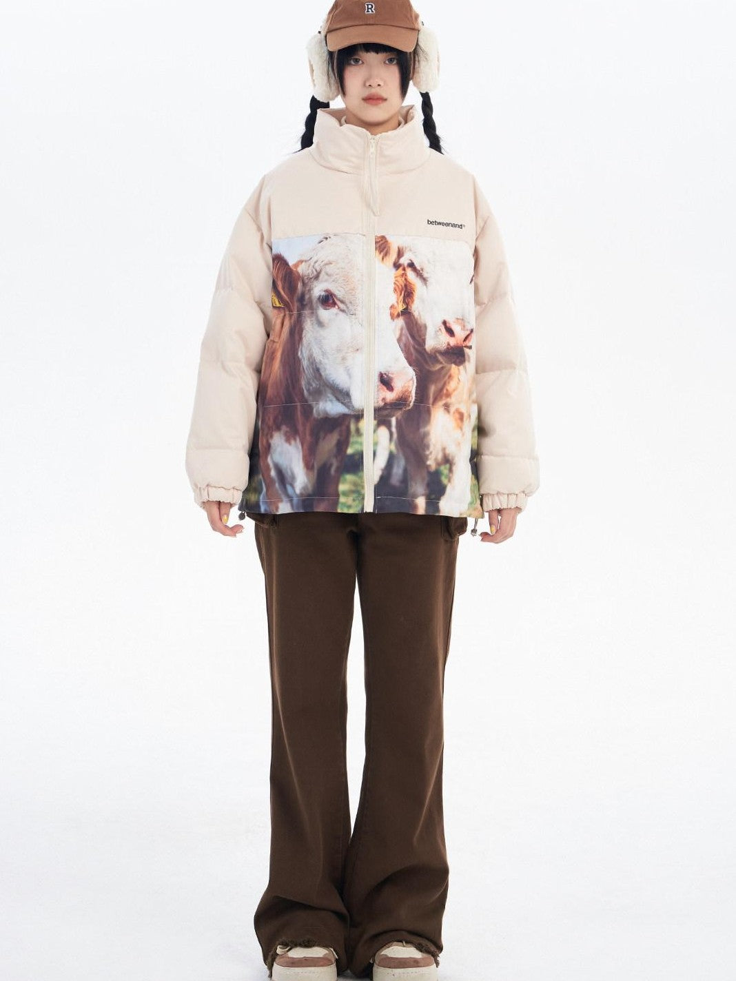 BETWEENAND Black Beige Animal Print Colorblock Women&