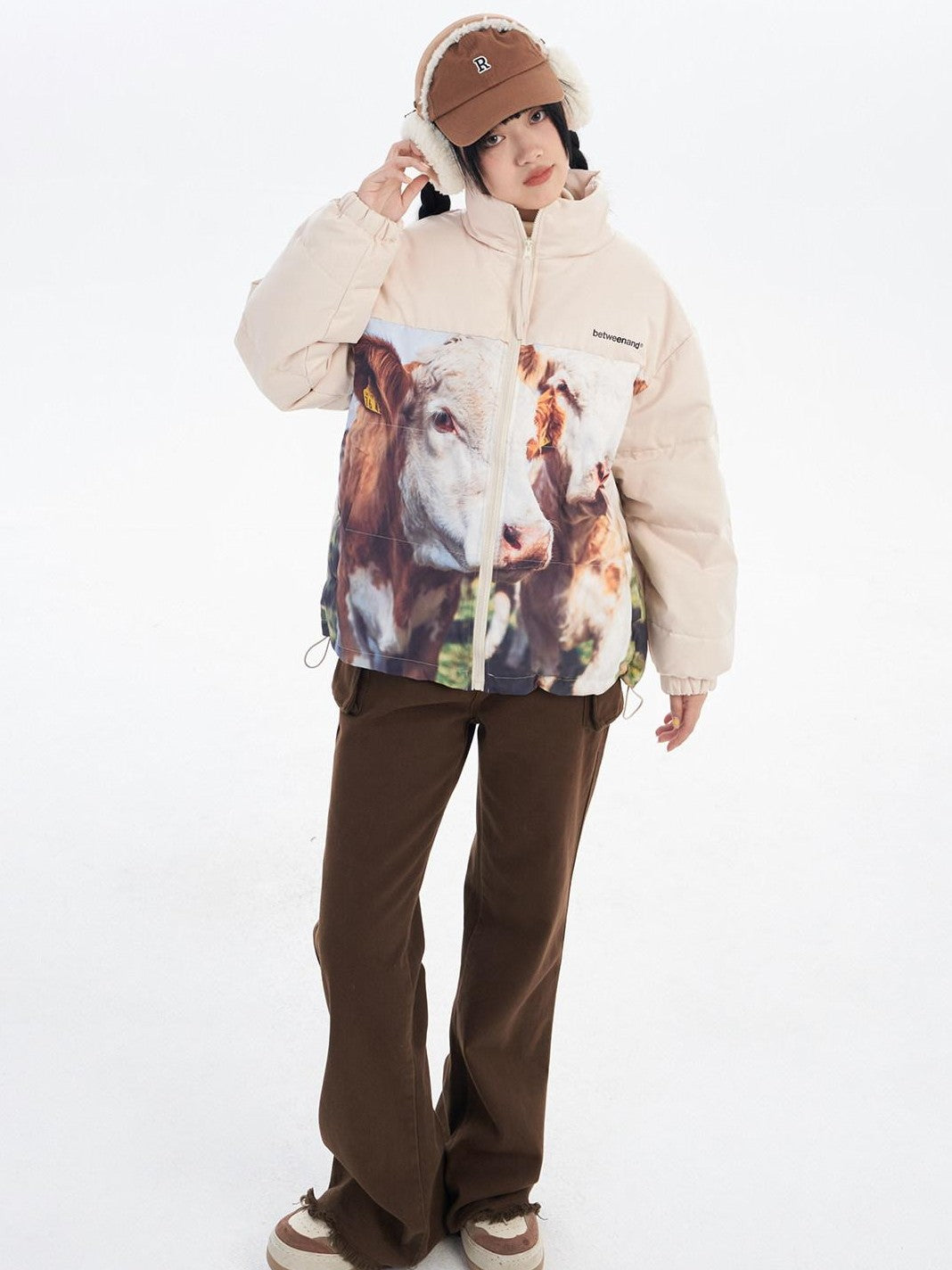 BETWEENAND Black Beige Animal Print Colorblock Women&