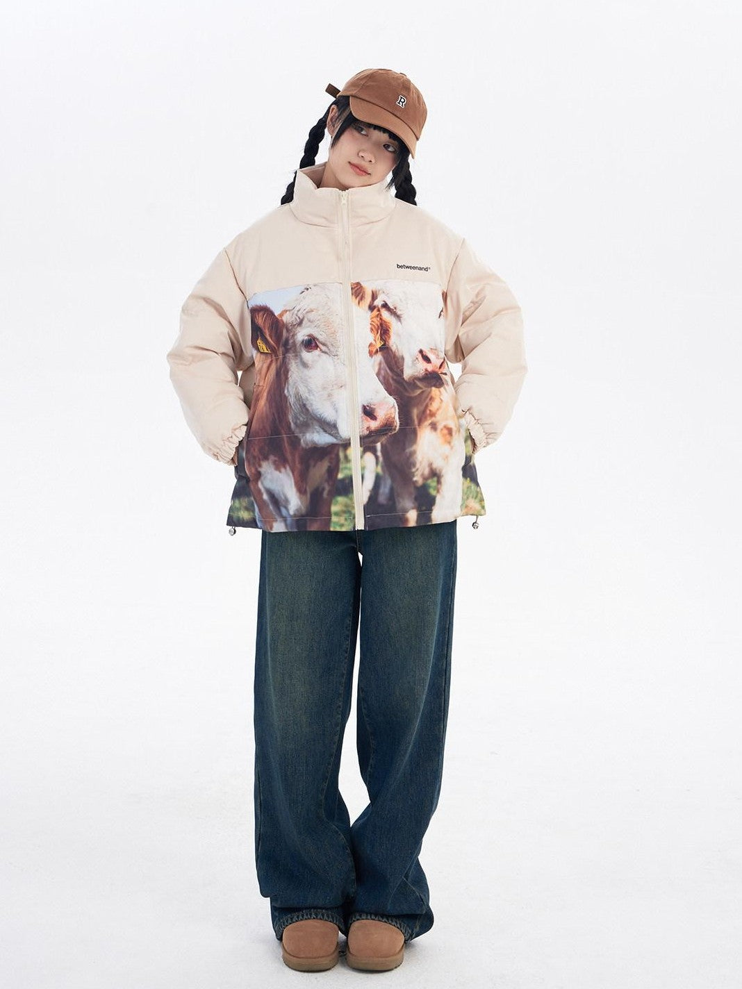 BETWEENAND Black Beige Animal Print Colorblock Women&