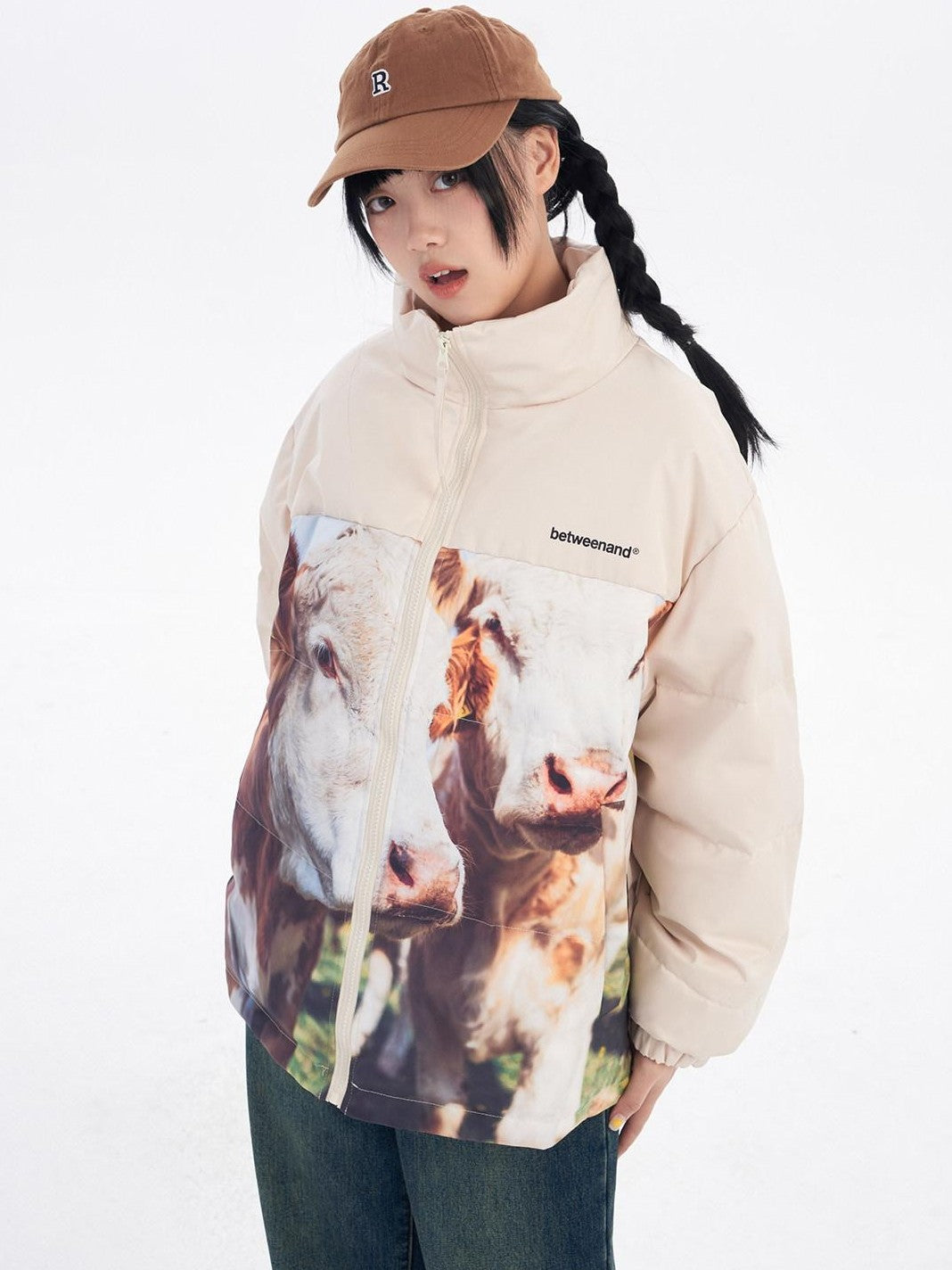 BETWEENAND Black Beige Animal Print Colorblock Women&
