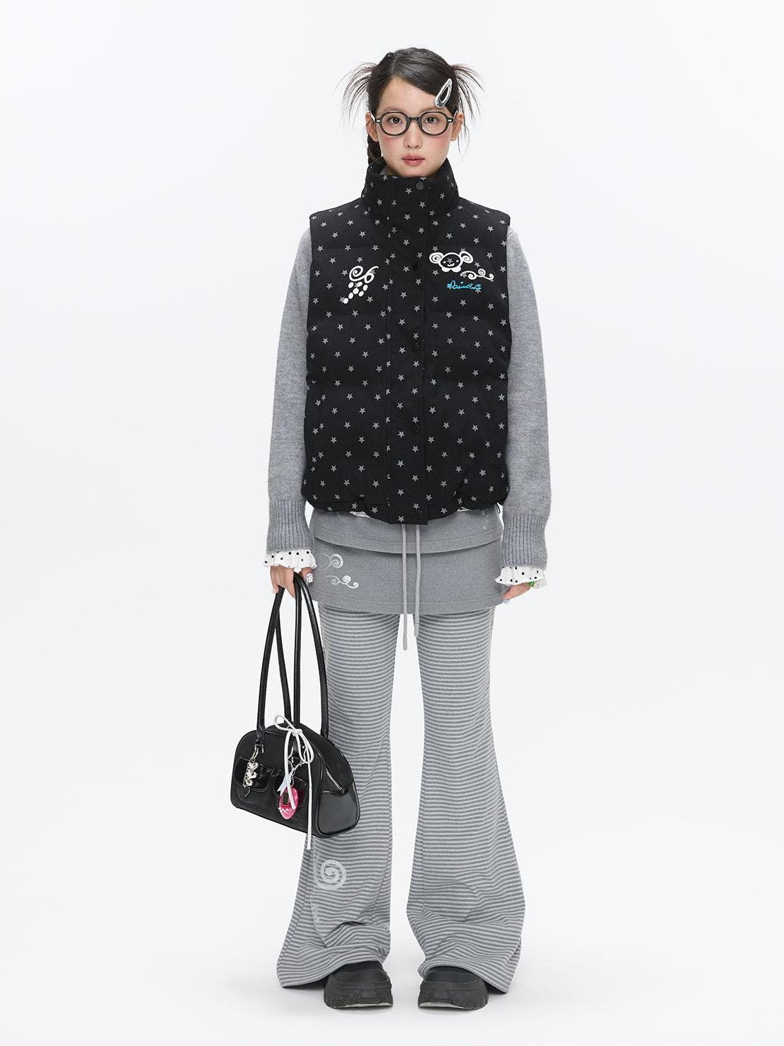 BETWEENAND Black Glitter Star Layered Vest Women&
