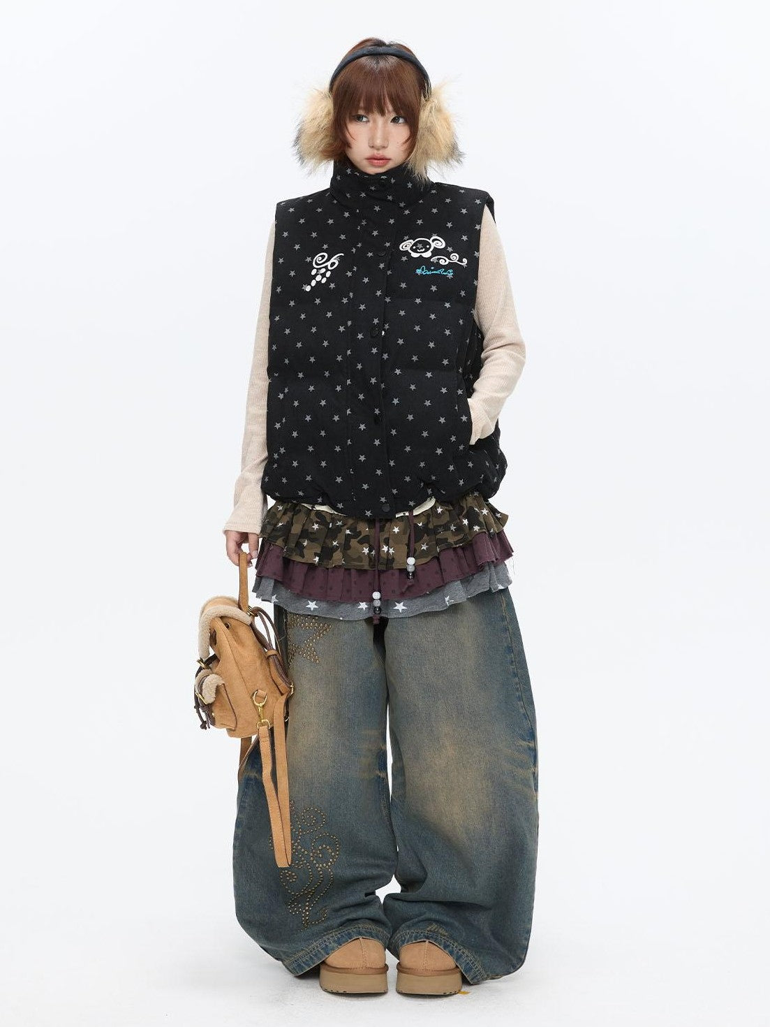 BETWEENAND Black Glitter Star Layered Vest Women&