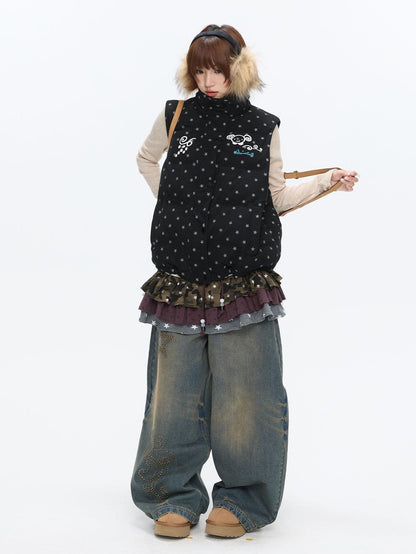 BETWEENAND Black Glitter Star Layered Vest Women&