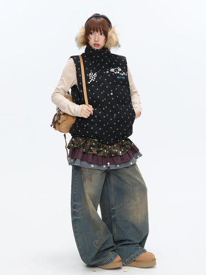 BETWEENAND Black Glitter Star Layered Vest Women&