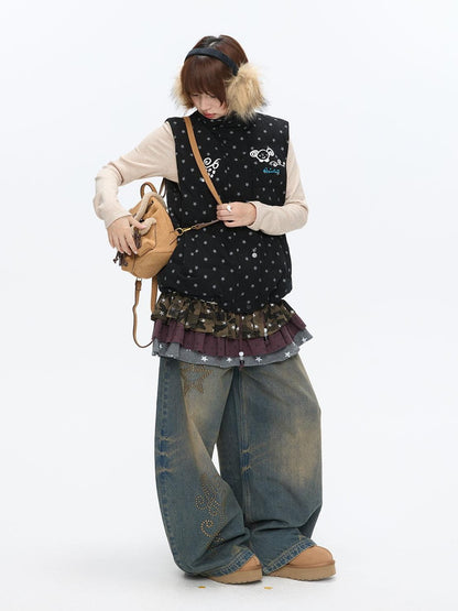 BETWEENAND Black Glitter Star Layered Vest Women&