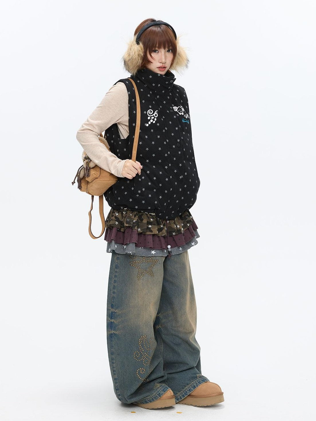 BETWEENAND Black Glitter Star Layered Vest Women&