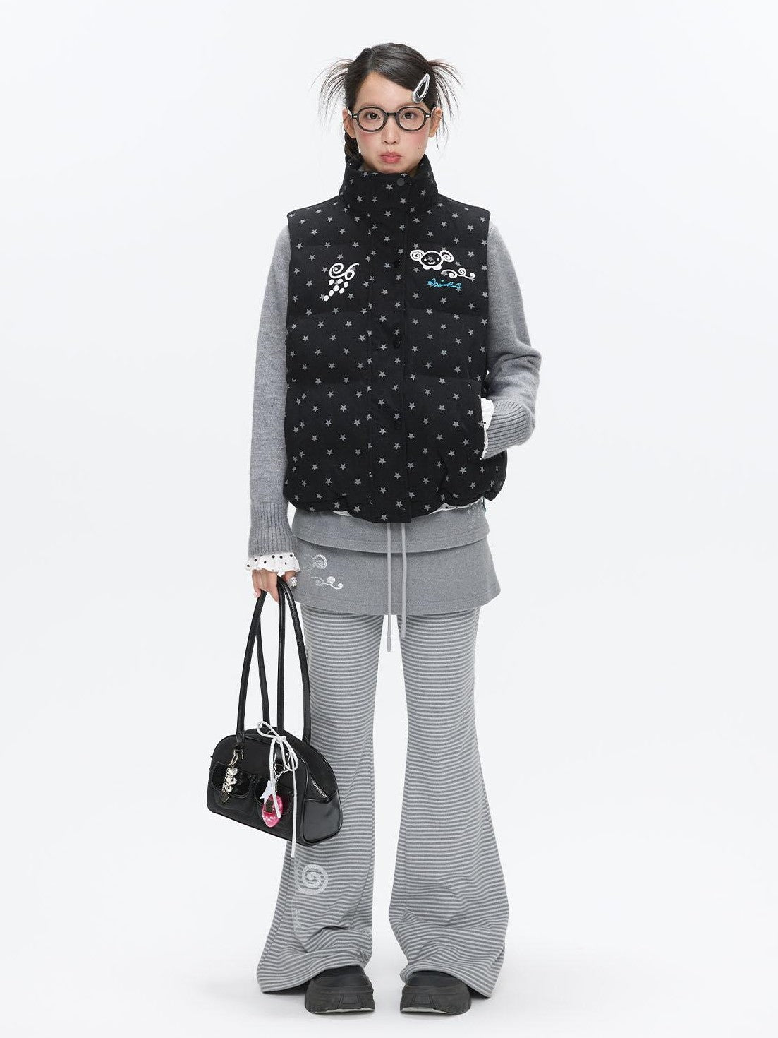 BETWEENAND Black Glitter Star Layered Vest Women&