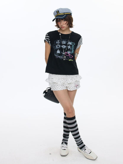 BETWEENAND Black Panel Print Raglan Striped Women&