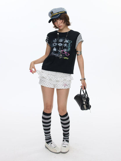 BETWEENAND Black Panel Print Raglan Striped Women&