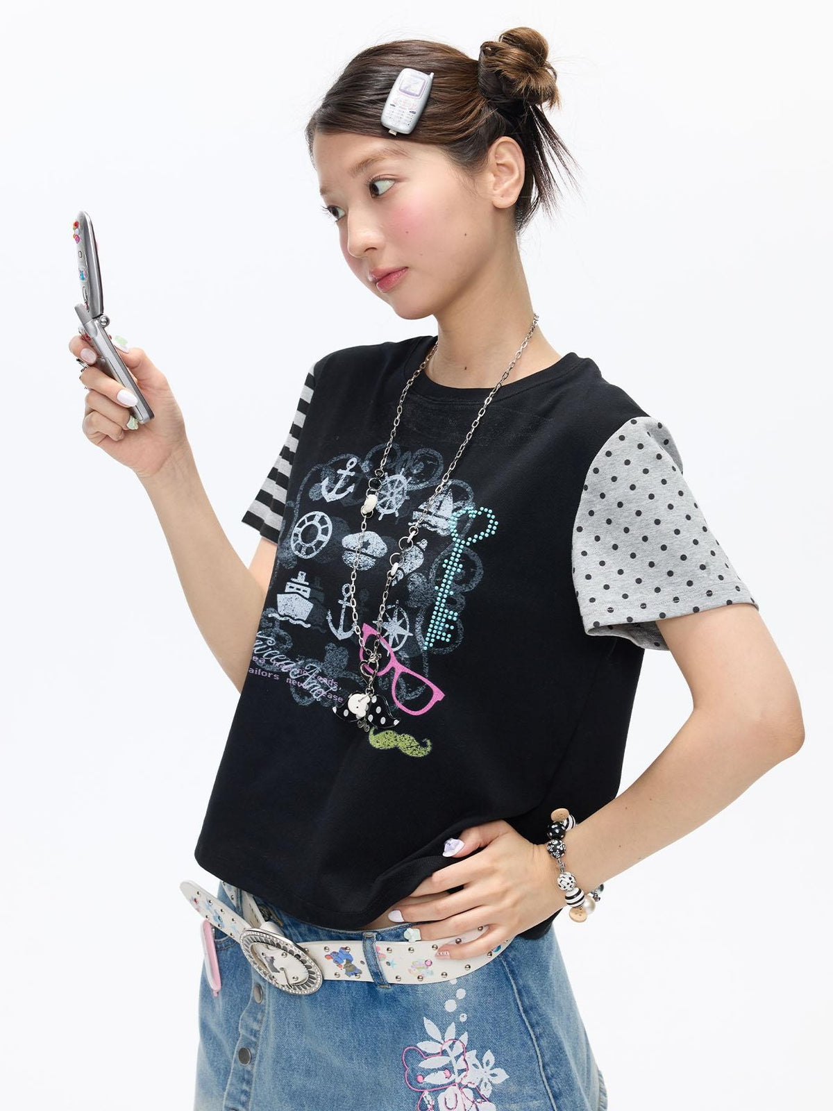 BETWEENAND Black Panel Print Raglan Striped Women&