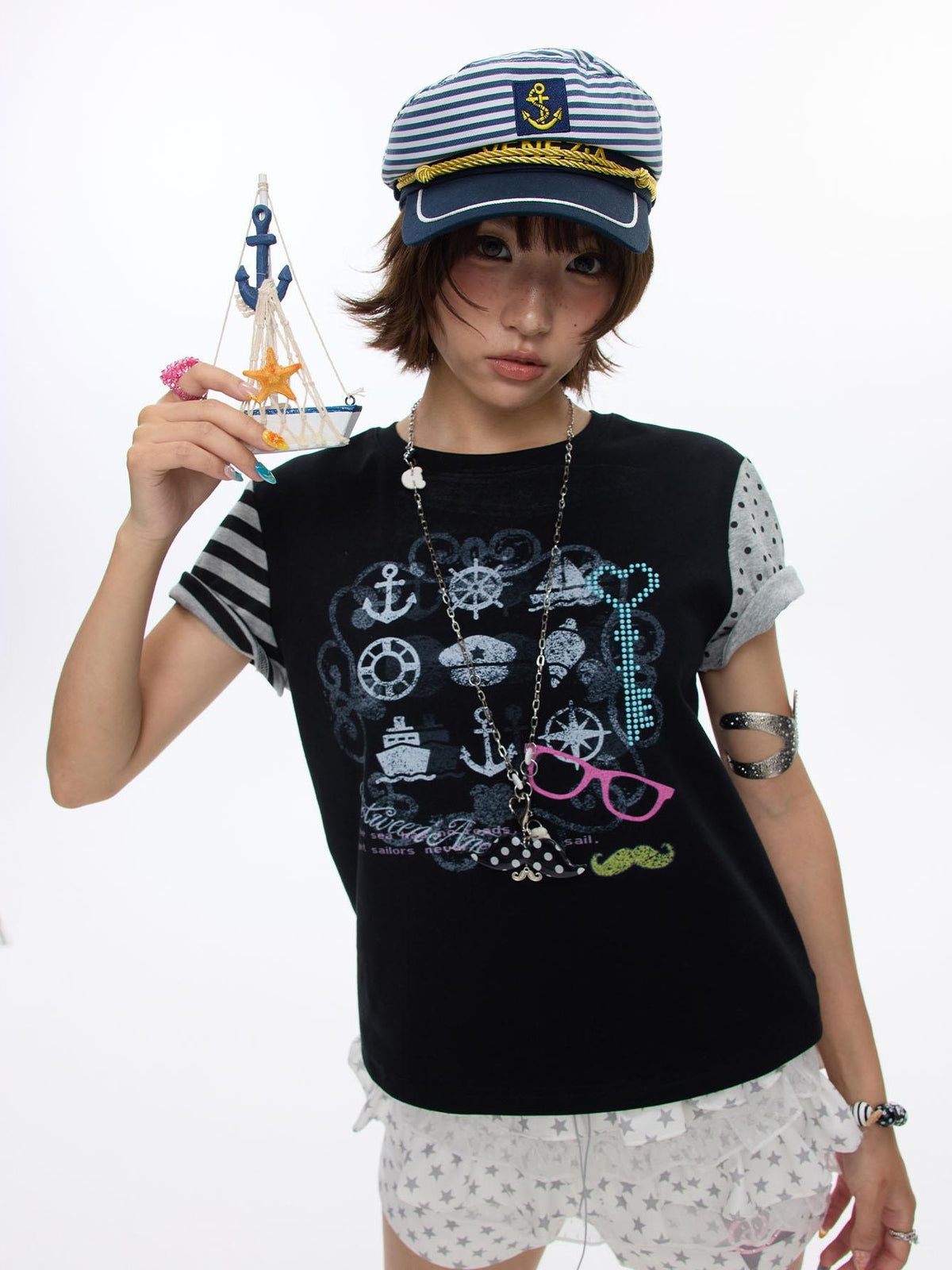 BETWEENAND Black Panel Print Raglan Striped Women&