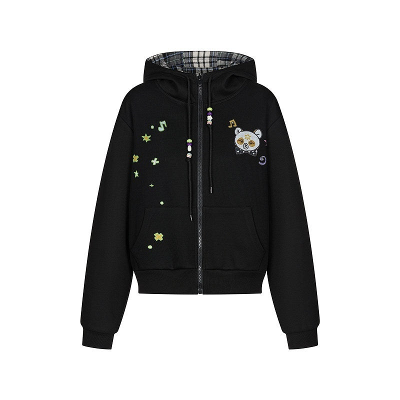 BETWEENAND_Black_Plaid_Reversible_Hooded_Women&