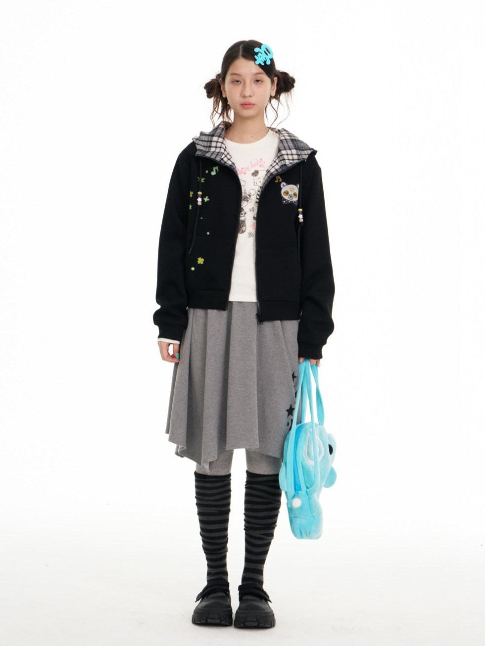 BETWEENAND Black Plaid Reversible Hooded Women&