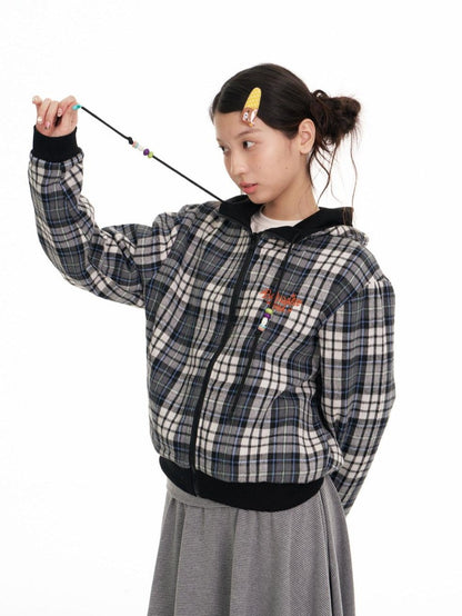BETWEENAND Black Plaid Reversible Hooded Women&