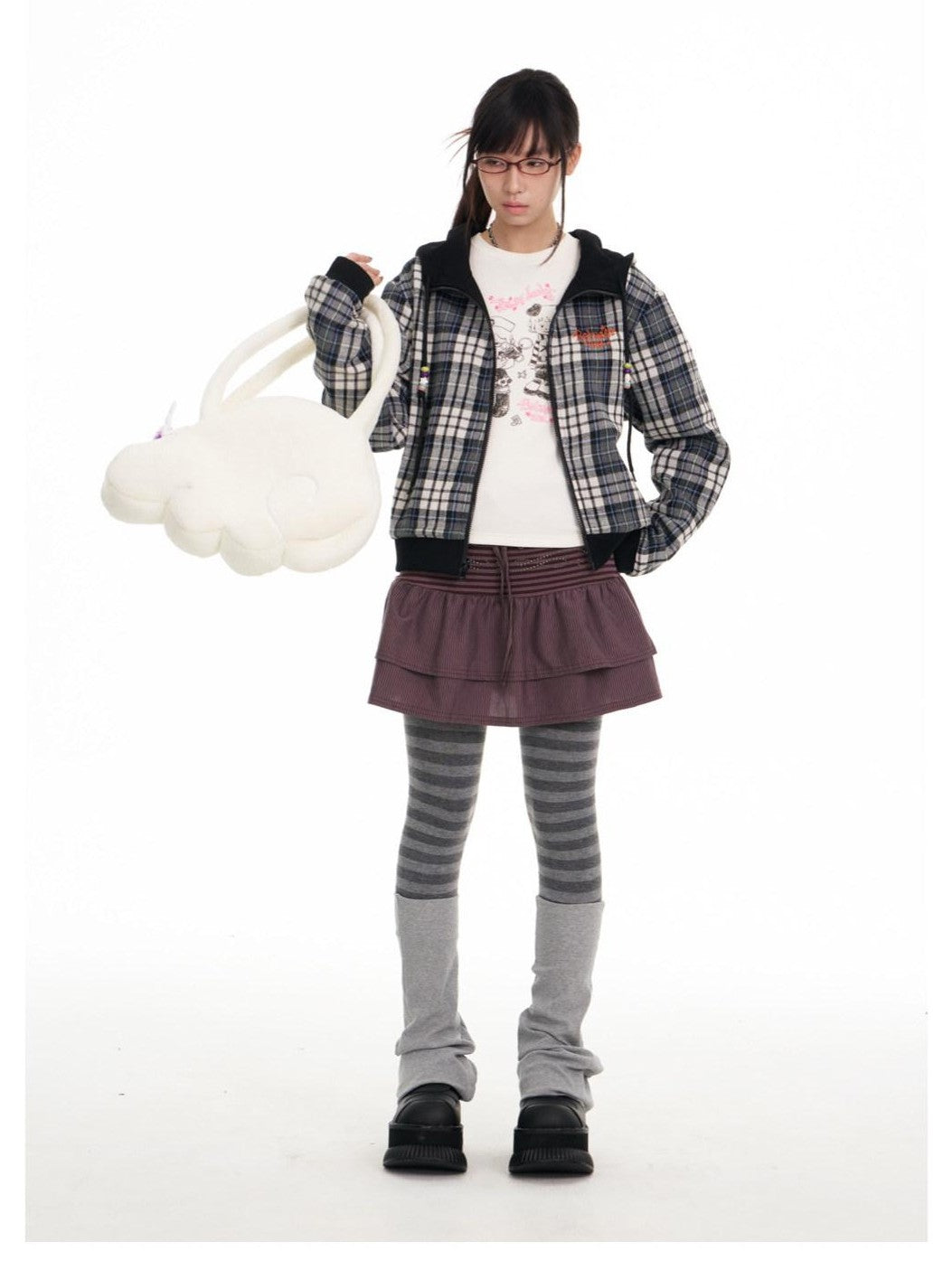 BETWEENAND Black Plaid Reversible Hooded Women&