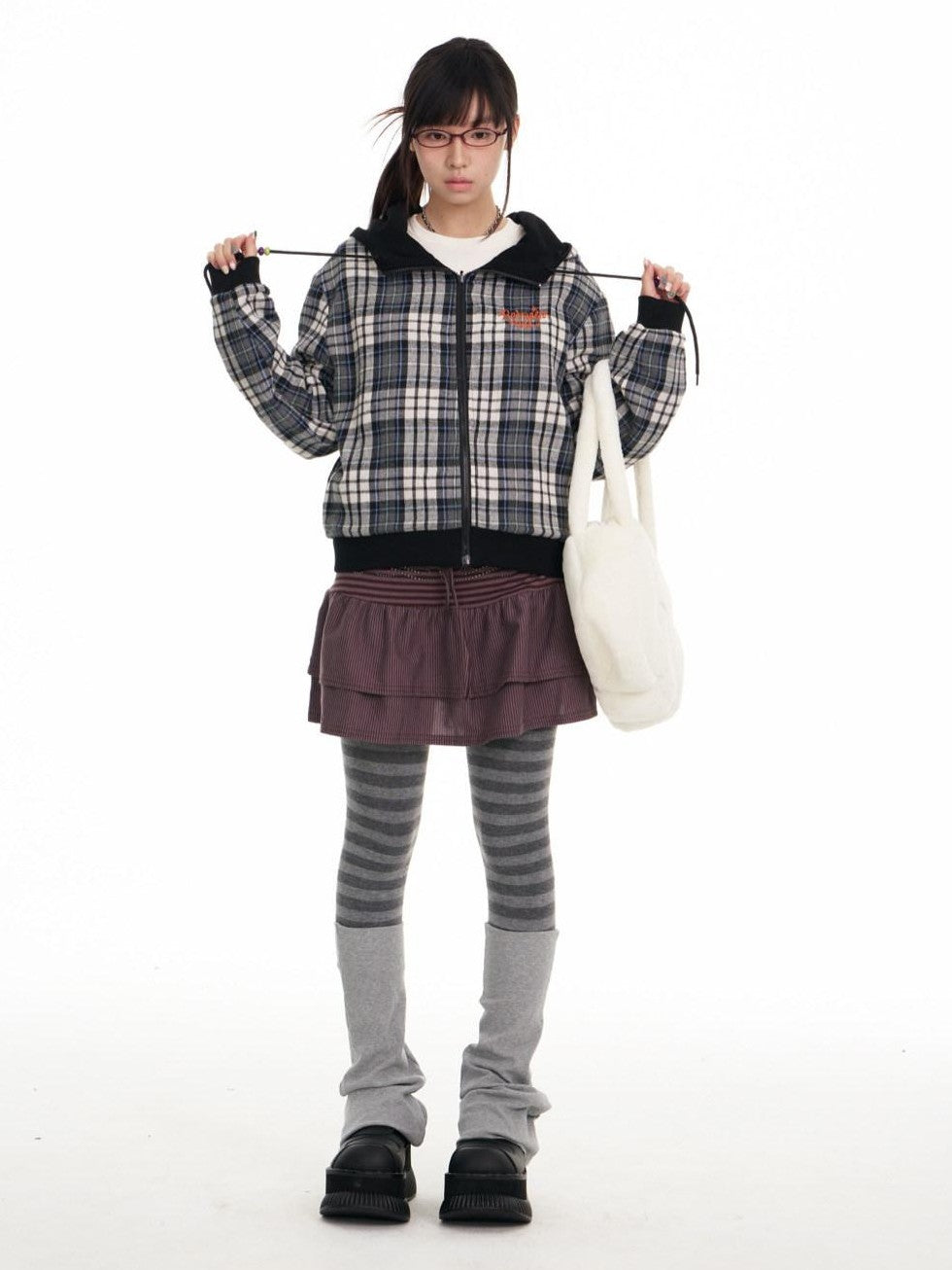 BETWEENAND Black Plaid Reversible Hooded Women&