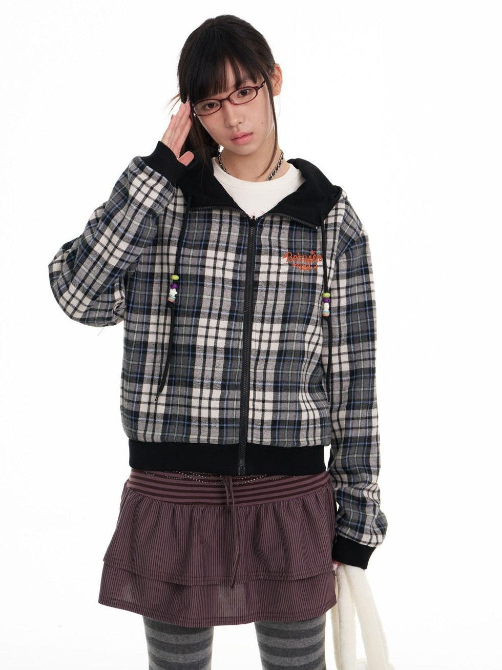 BETWEENAND Black Plaid Reversible Hooded Women&