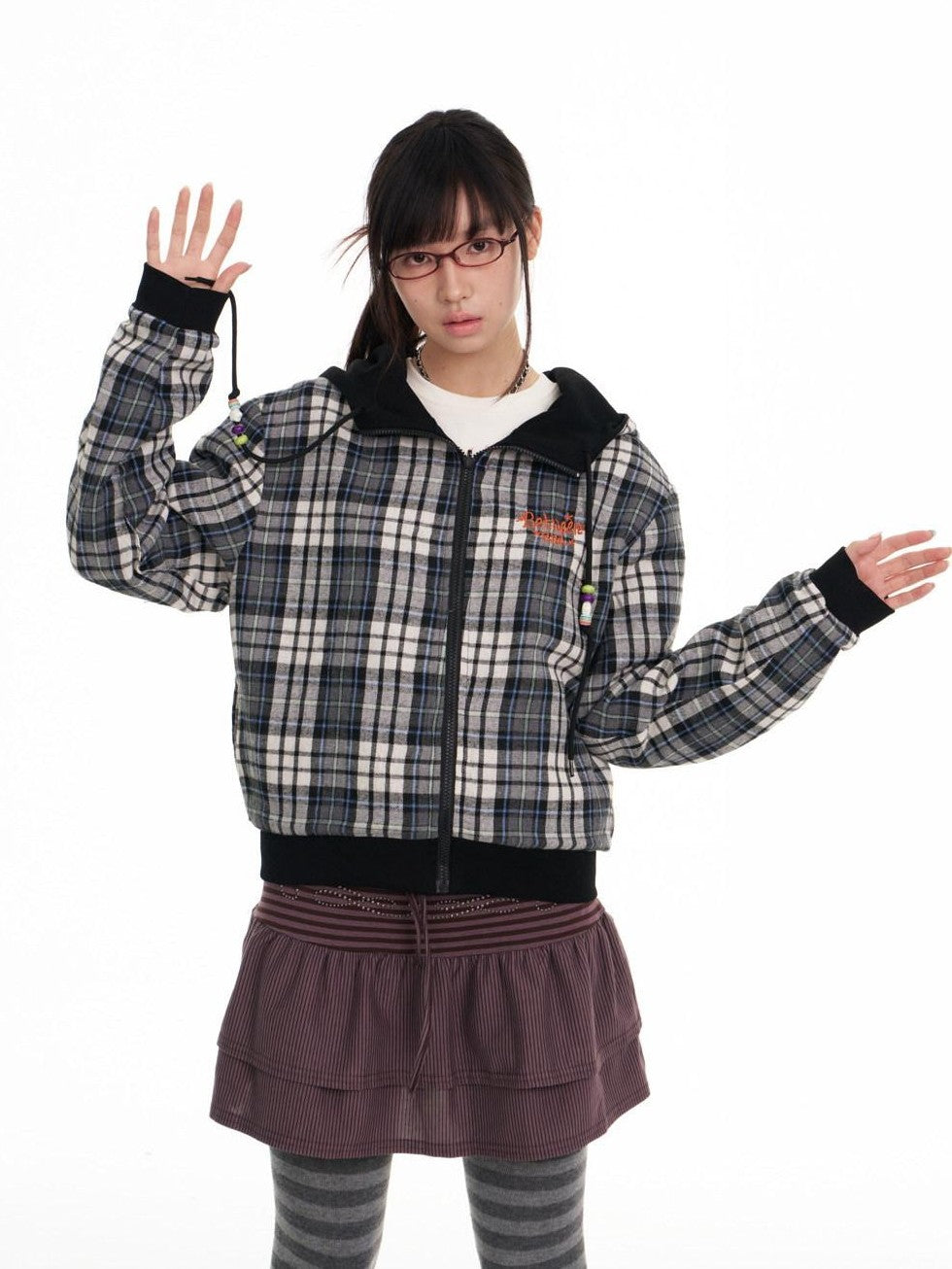 BETWEENAND Black Plaid Reversible Hooded Women&