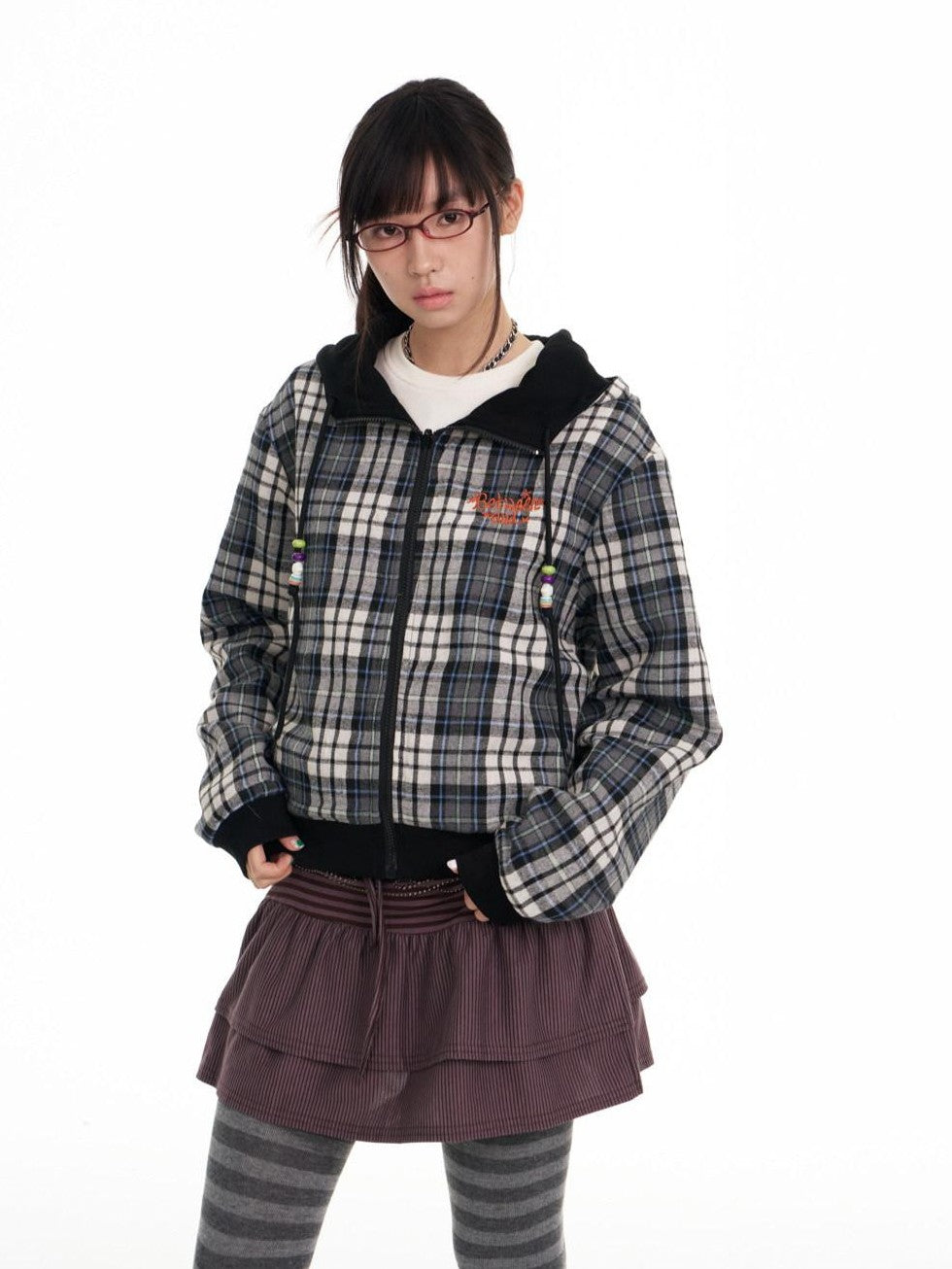 BETWEENAND Black Plaid Reversible Hooded Women&