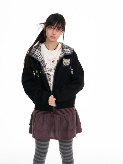 BETWEENAND Black Plaid Reversible Hooded Women&