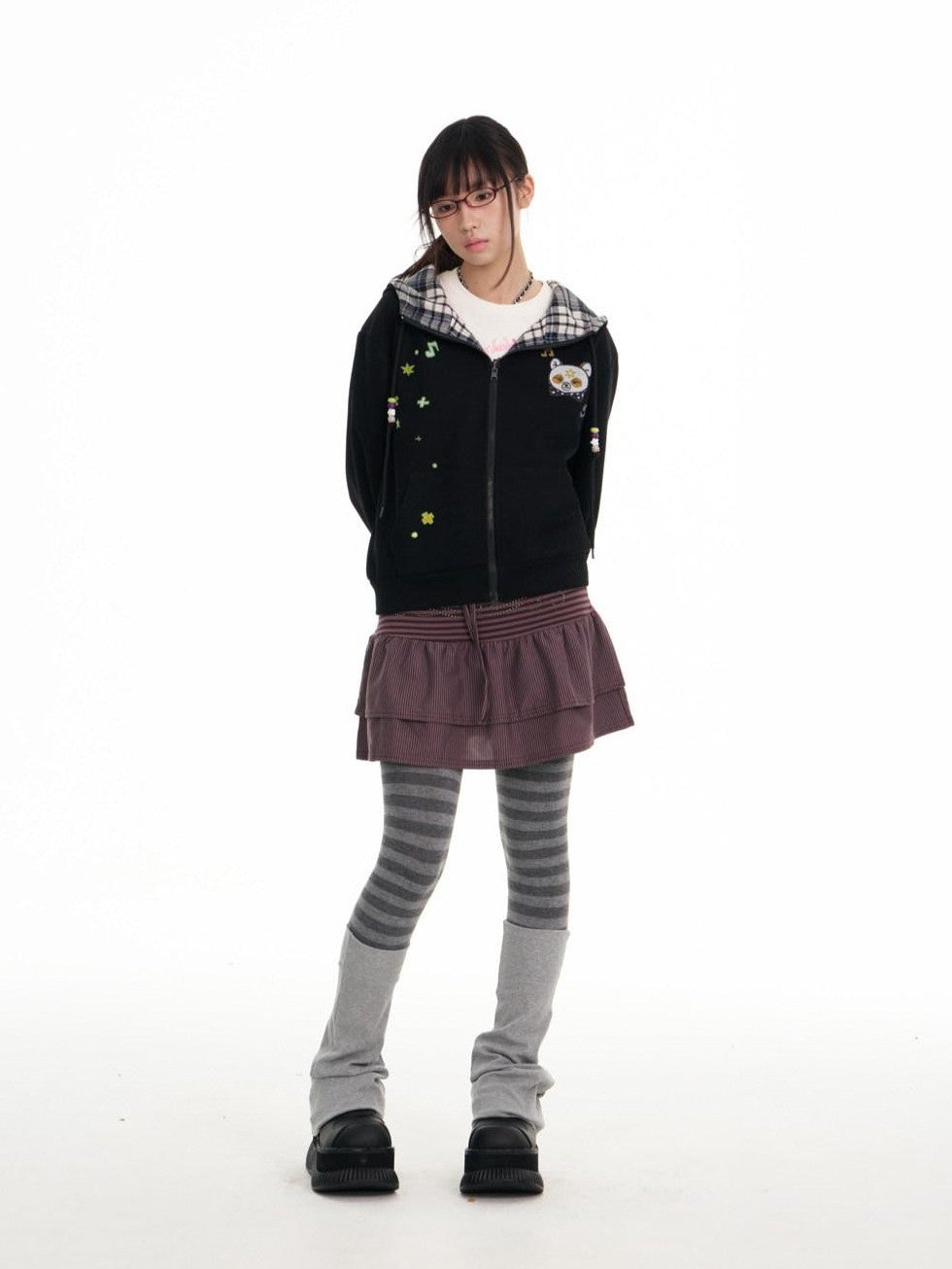 BETWEENAND Black Plaid Reversible Hooded Women&