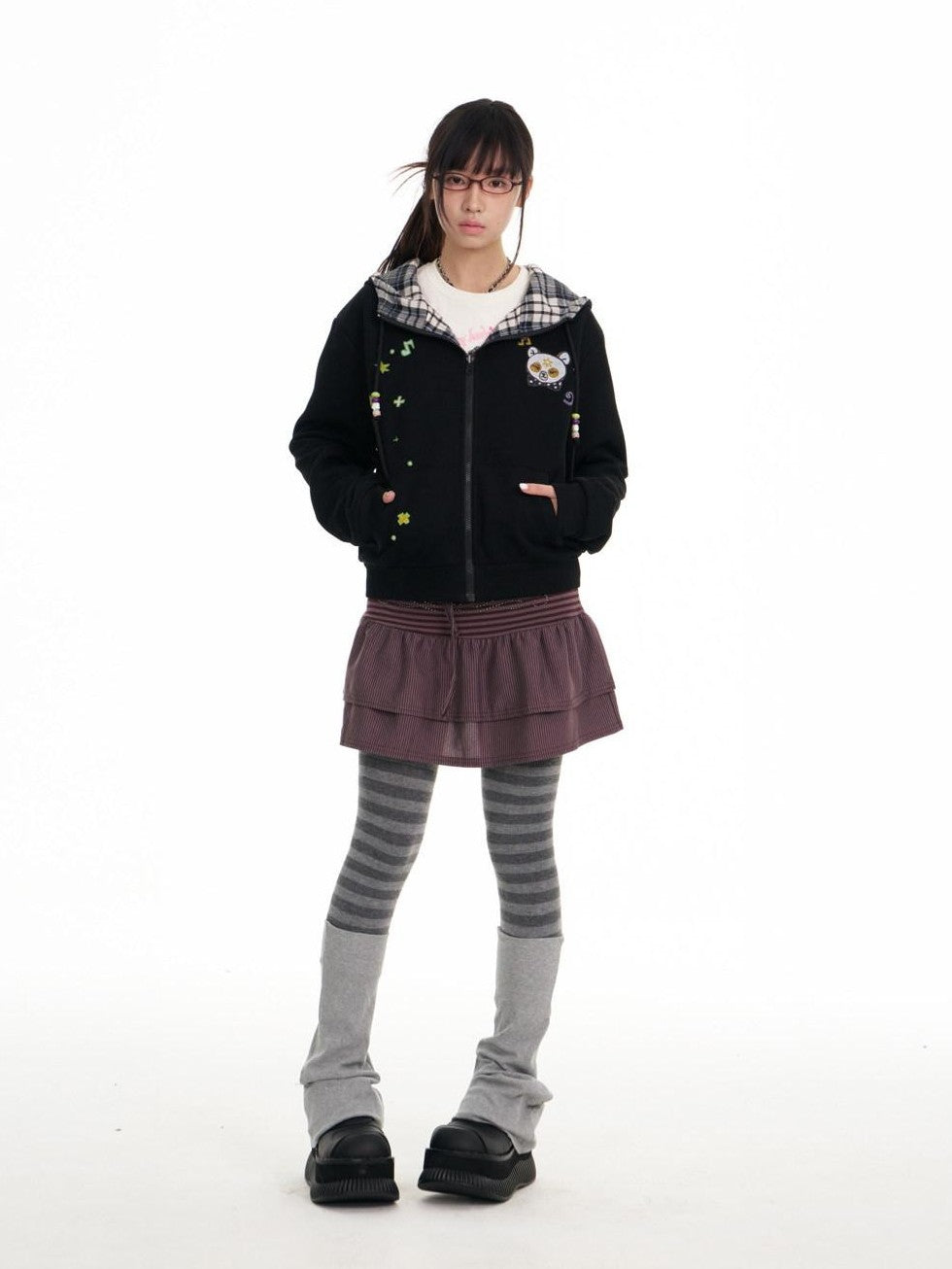 BETWEENAND Black Plaid Reversible Hooded Women&