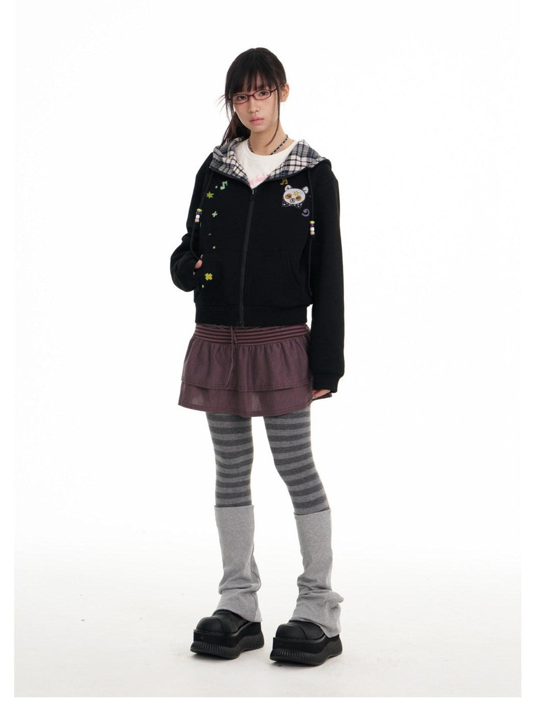 BETWEENAND Black Plaid Reversible Hooded Women&