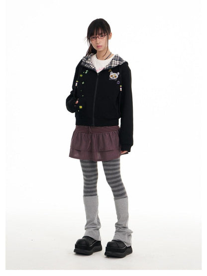 BETWEENAND Black Plaid Reversible Hooded Women&